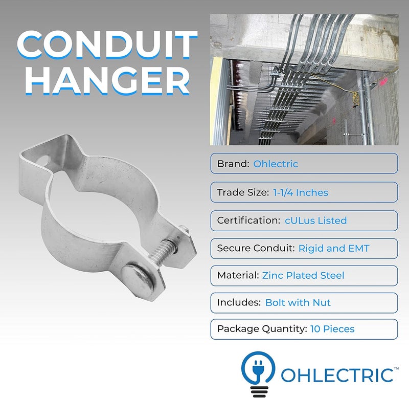 OHLECTRIC OL-07464 Zinc Plated Steel 1-1/4-inch Conduit Hanger with Bolt- Ideal for Rigid and EMT Conduit Mounting to Surfaces, Insulated Supports or Threaded Rods- Pack of 10 - Image 2